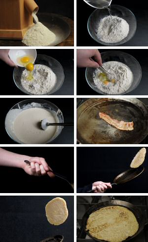Boekweitpannenkoeken recept stap voor stap foto's: beslag maken, pan invetten met spek en pannenoeken opgooien